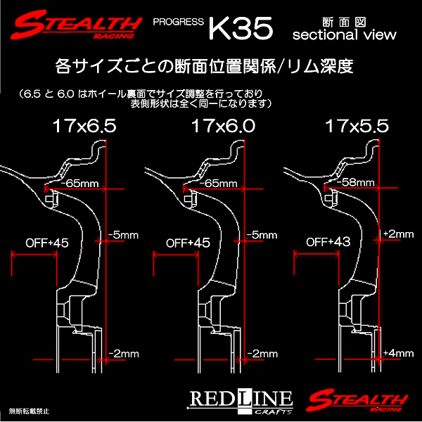 ■ STEALTH Racing K35 ■

前後異幅&幅広　スーパーディープ2段リム!!

17x6.0/6.5J　チューニング軽四専用ホイール4本set