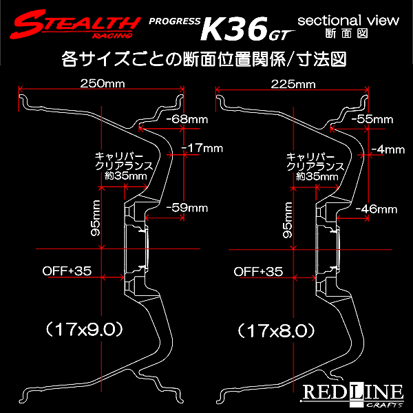 ■ STEALTH Racing K36 GT ■

(F)17x8.0J+35　(R)17x9.0J+35　PCD114.3

前後異幅&スーパーディープ2段リム!!
FR車向けの追加チューナーサイズ!!